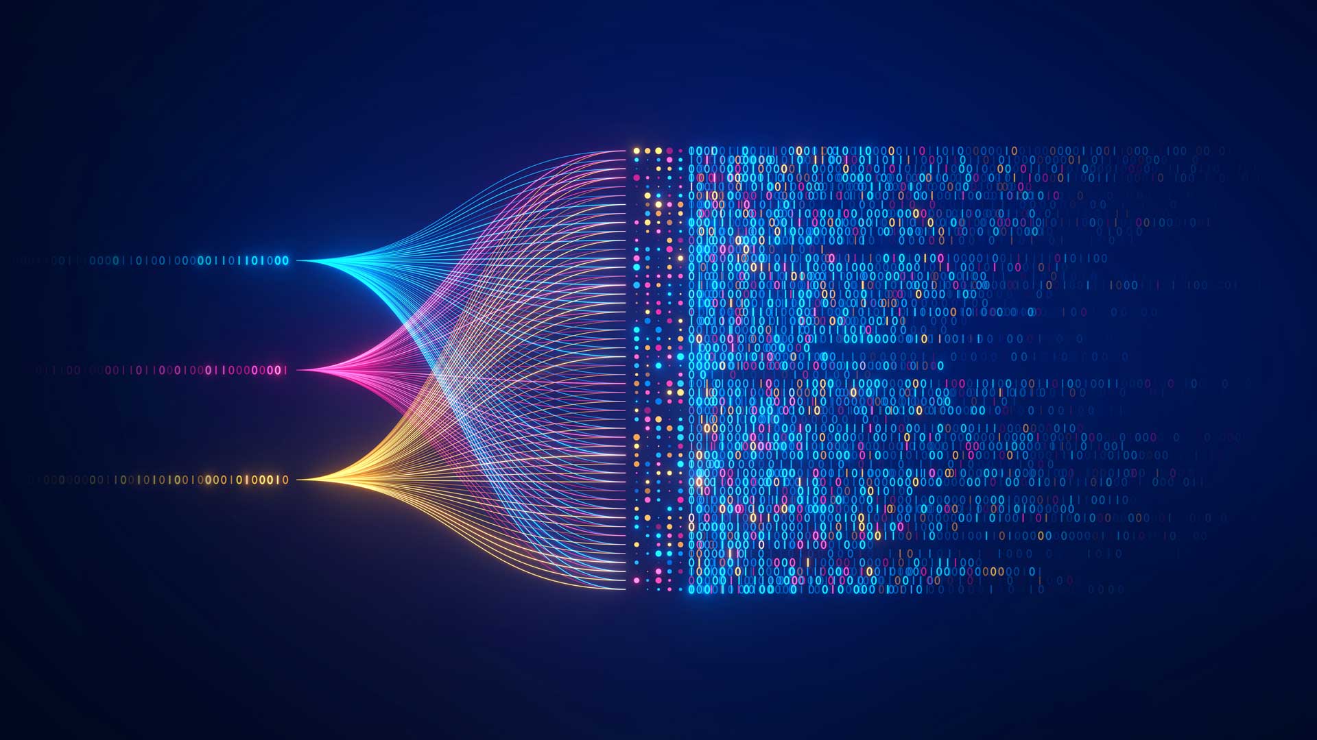 Big data technology and data science illustration. Data flow concept. Querying, analysing, visualizing complex information. Neural network for artificial intelligence. Data mining. Business analytics. m360 Research. Custom simulator.