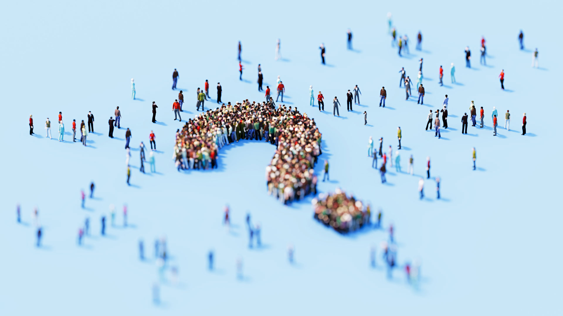 Human crowd forming question mark blue background. Horizontal composition with copy space. m360 Research - Understanding the “Why” Behind List Feasibility